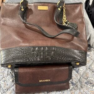 Brahmin Brown & Black Leather Tote with Matching Wallet